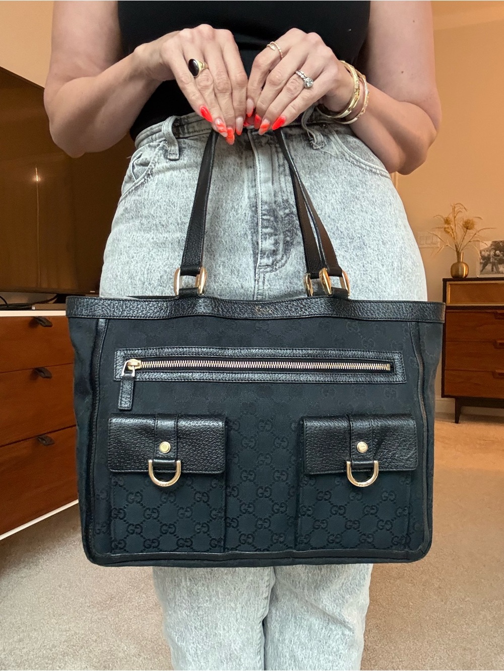 Gucci Black GG Supreme Canvas and Leather Abbey D Ring Tote with Gold Hardware